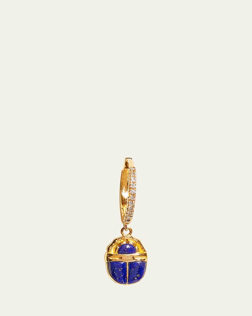 14k Yellow Gold Lapis Lazuli Diamond Inlay Scarab Huggie Hoop Earring
